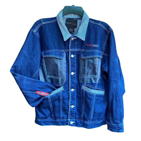 Vtg Y2K 90s Fubu Collection Denim Trucker Jacket Wax flap pocket accent Size Y/L - Picture 2 of 10